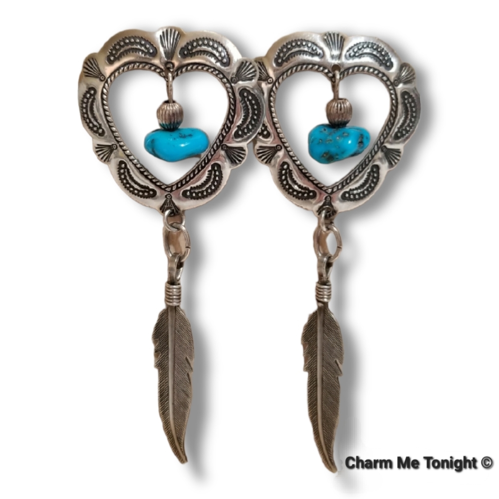 Sterling Silver & Turquoise Heart Earrings w/ Feather Dangle Accent